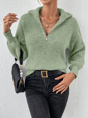 Matcha green ribbed knit sweater with a zip-up collar and balloon sleeves.
