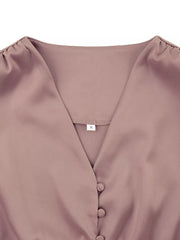 Elegant V-neck Puff Sleeve Button-down Midi Dress