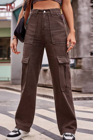 Brown utility pocket wide leg cargo pants with a relaxed fit.