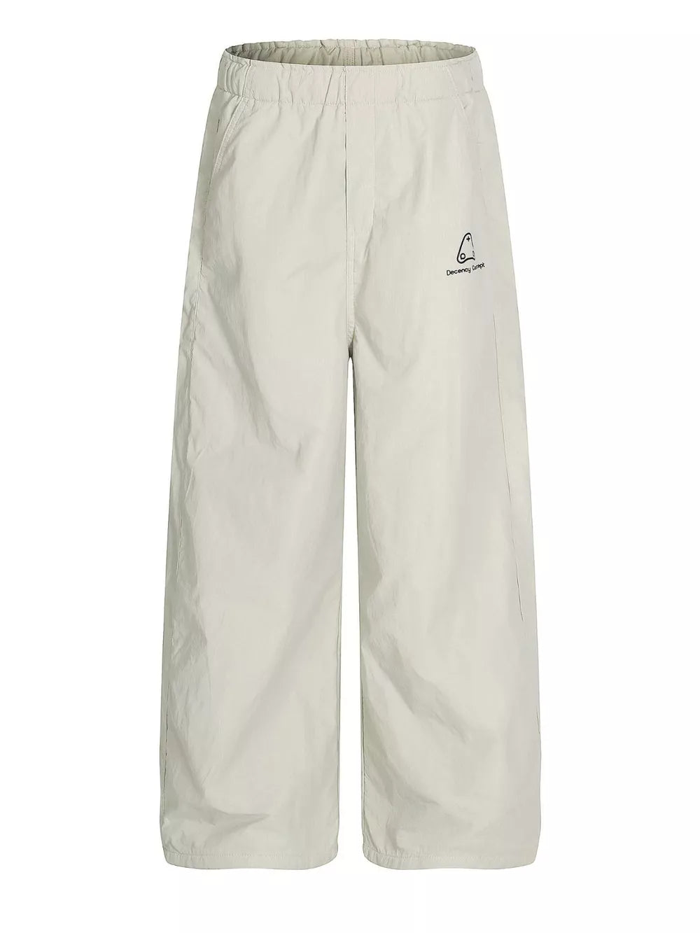 Men's light gray wide-leg sweatpants with crinkled texture and embroidered logo detail.