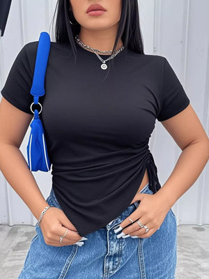 Black asymmetrical ruched maternity t-shirt with short sleeves and a crew neck.
