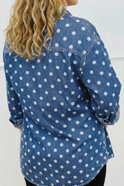 Polka Dot Long Sleeve Collar Shift Tunic Denim Jacket in Dusty Blue, side view