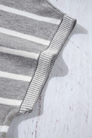 Light gray and white striped knit t-shirt with contrast ribbed trim detail.