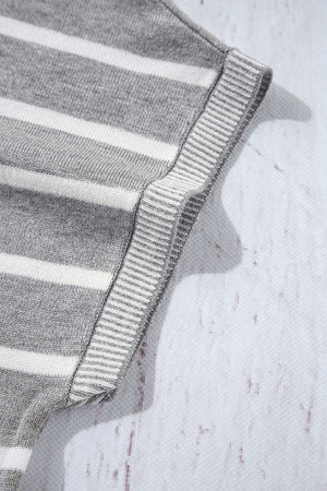 Light gray and white striped knit t-shirt with contrast ribbed trim detail.