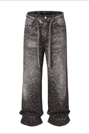 Dark ombré crystal embellished wide leg jeans with rhinestone trim