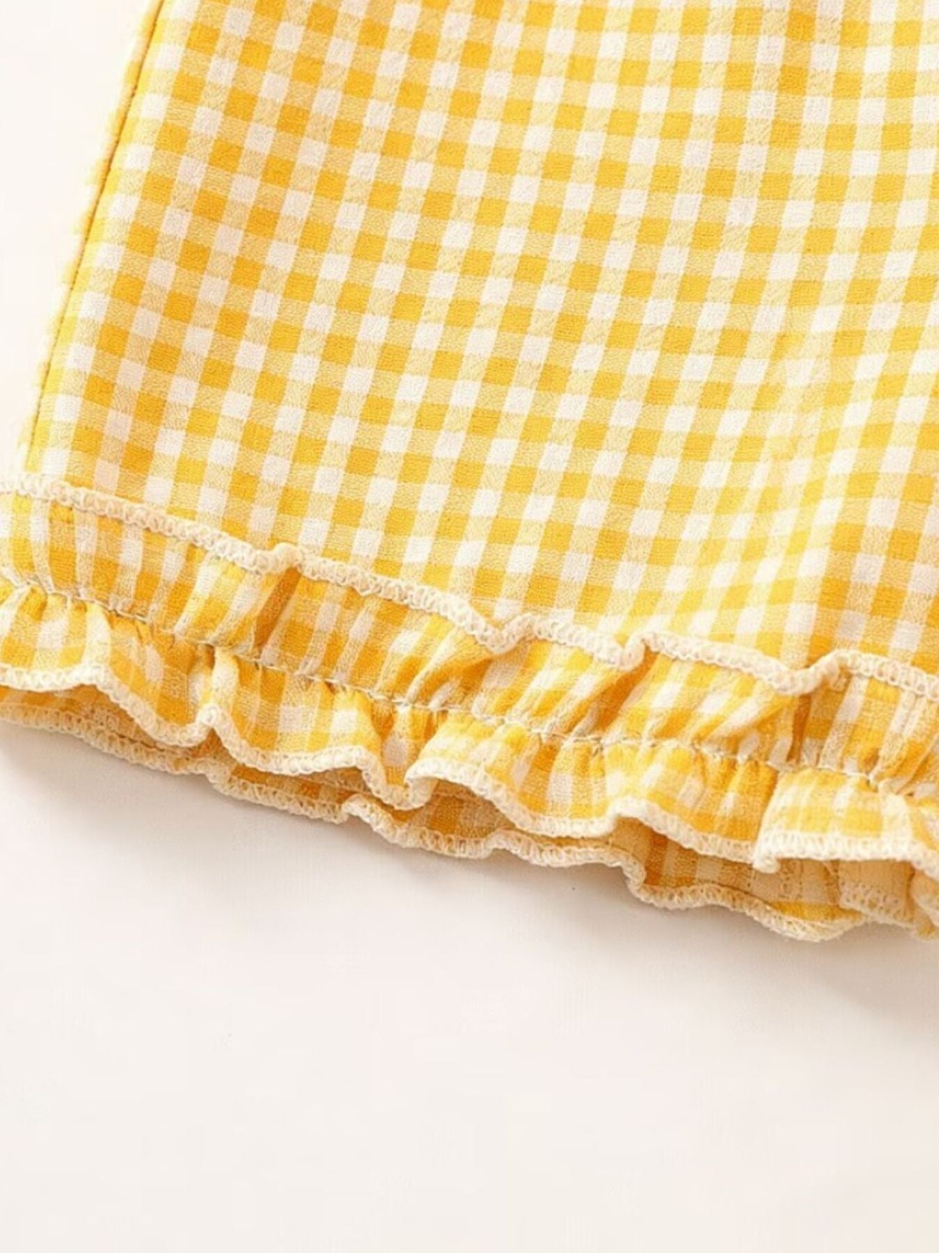 Yellow gingham cotton two-piece set with lace trim ruffles