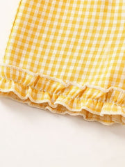 Yellow gingham cotton two-piece set with lace trim ruffles