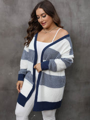Striped open-front knit cardigan in dark navy and white, 100% acrylic, with a relaxed fit.