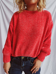 Textured ribbed knit crewneck sweater in Strawberry with relaxed fit and balloon sleeves.