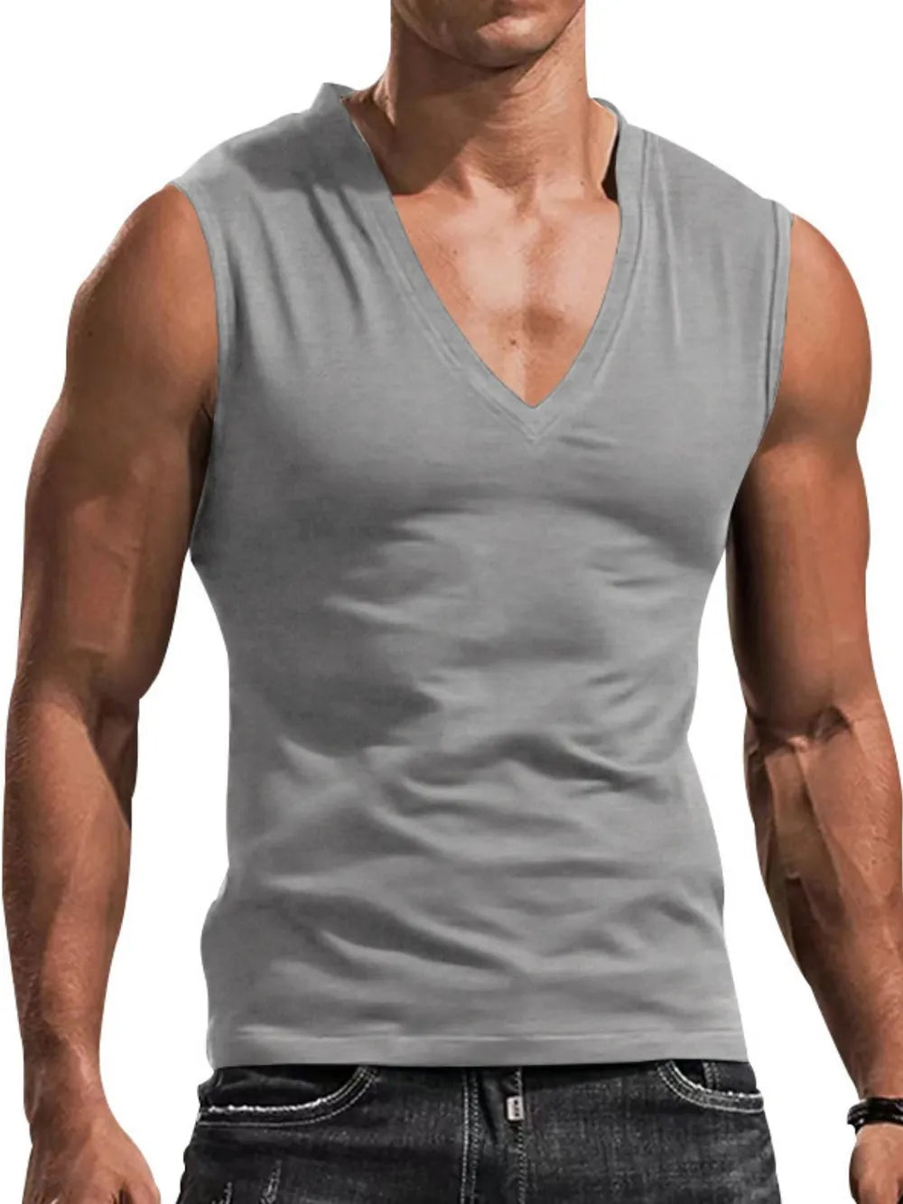 Gray V-neck muscle tank top with a sculpted fit.