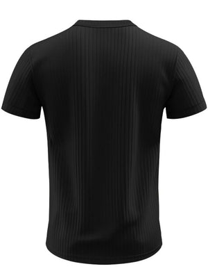 Black ribbed henley t-shirt with short sleeves and a collar.