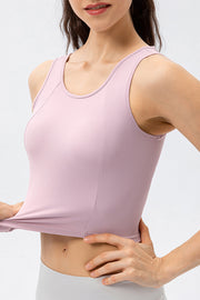 Lilac active crop top with sculpted seams and a scoop neckline.