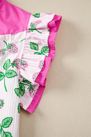 Strawberry print cotton blend blouse with pink stripes, flutter sleeves, and color block detail.
