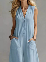 Chic V-neck Wide-leg Jumpsuit With Pockets