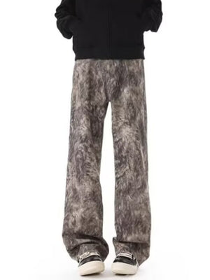 Men's abstract print wide leg jeans in cotton, featuring a grey and brown textured pattern.