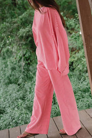 Striped Drop Shoulder Long Sleeve Top And Pants Set in Dusty Pink, close-up detail