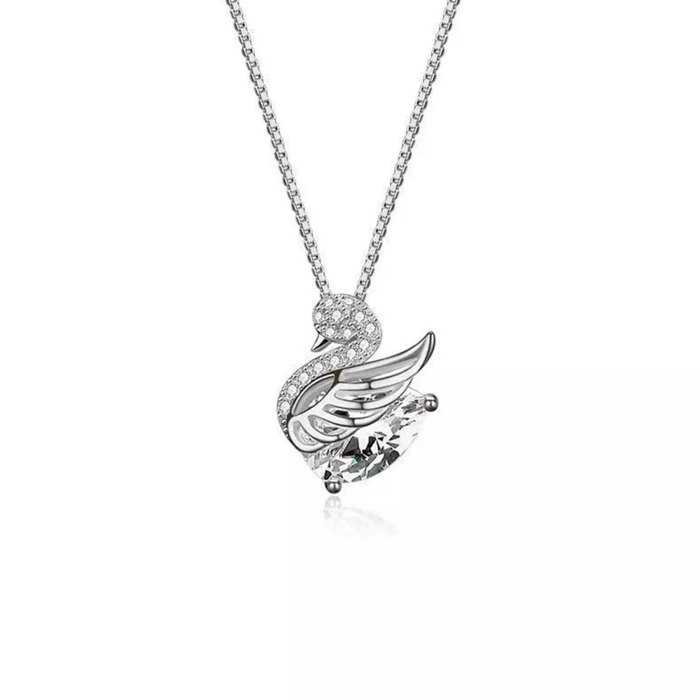 Silver swan pendant necklace with clear crystal and cubic zirconia accents on a delicate chain.
