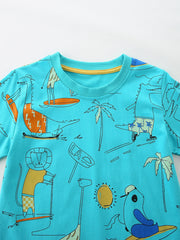 Aqua 100% cotton t-shirt with playful cartoon print of animals skateboarding and surfing.