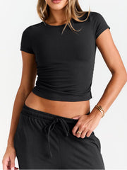 Black round neck tee and drawstring relaxed pants set.