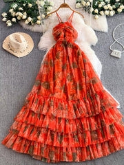 Orange Red floral mesh maxi dress with tiered ruffles and halter neckline