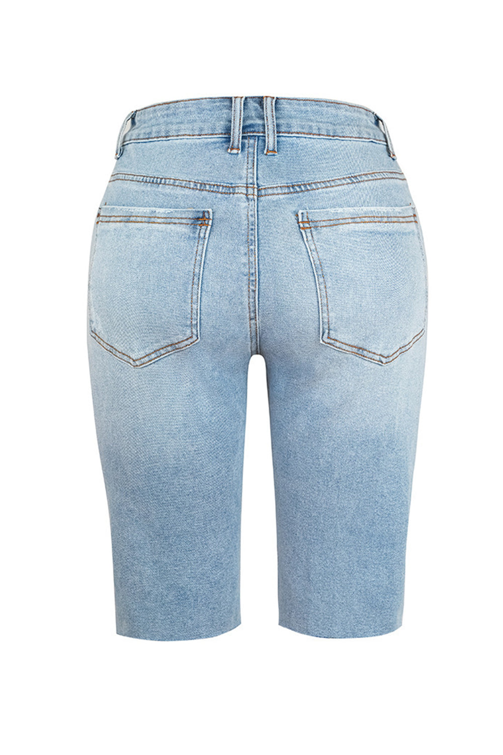 Light wash distressed denim bermuda shorts with raw hem