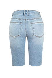 Light wash distressed denim bermuda shorts with raw hem