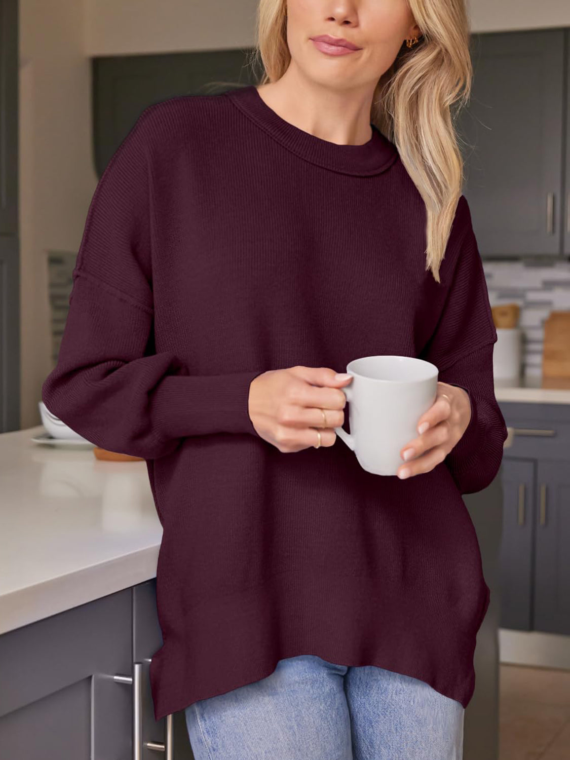 Ribbed-knit relaxed fit sweater in Deep Rose with crew neck and long sleeves.