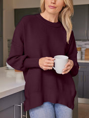 Ribbed-knit relaxed fit sweater in Deep Rose with crew neck and long sleeves.