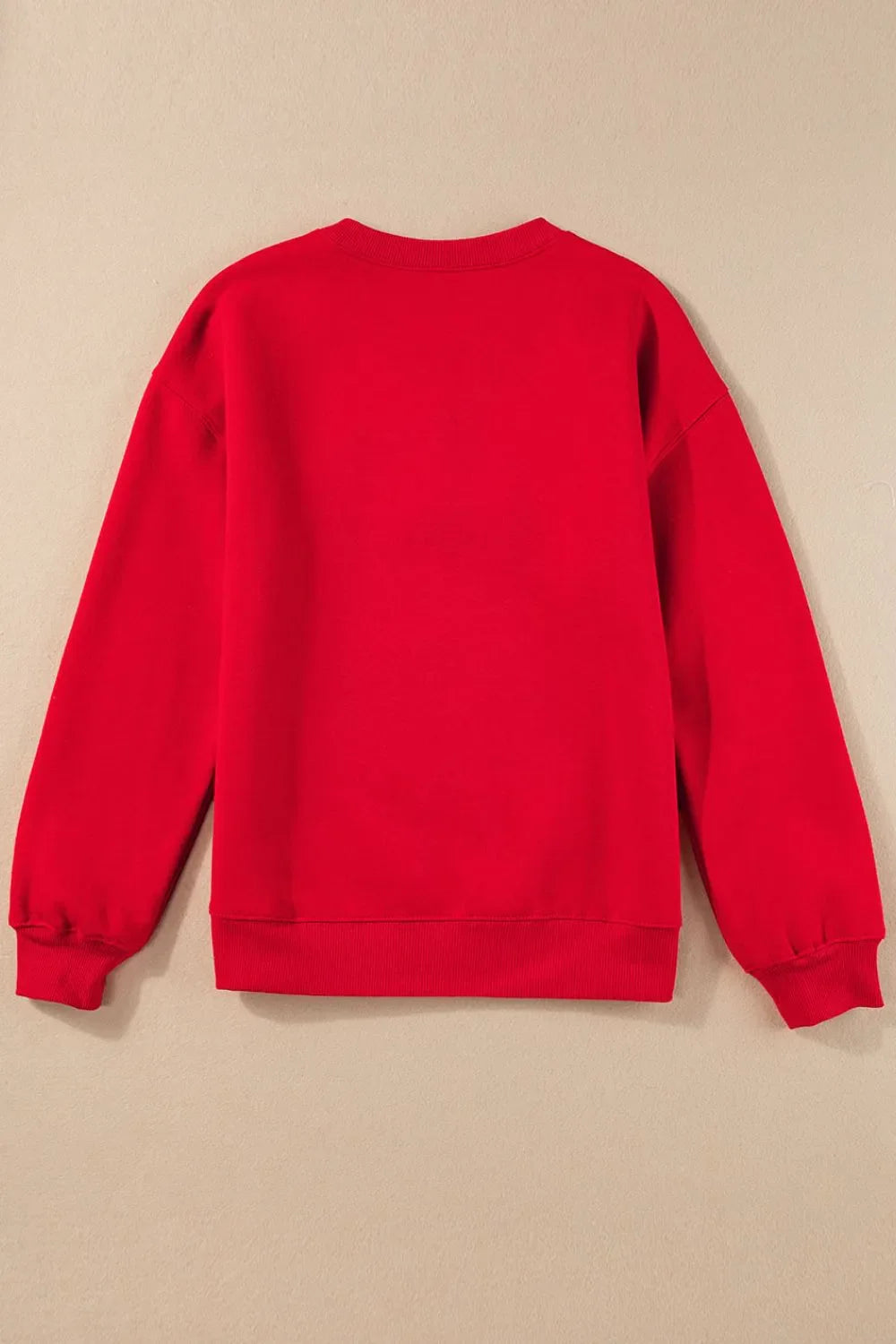 Red crewneck sweatshirt with ribbed cuffs and hem.