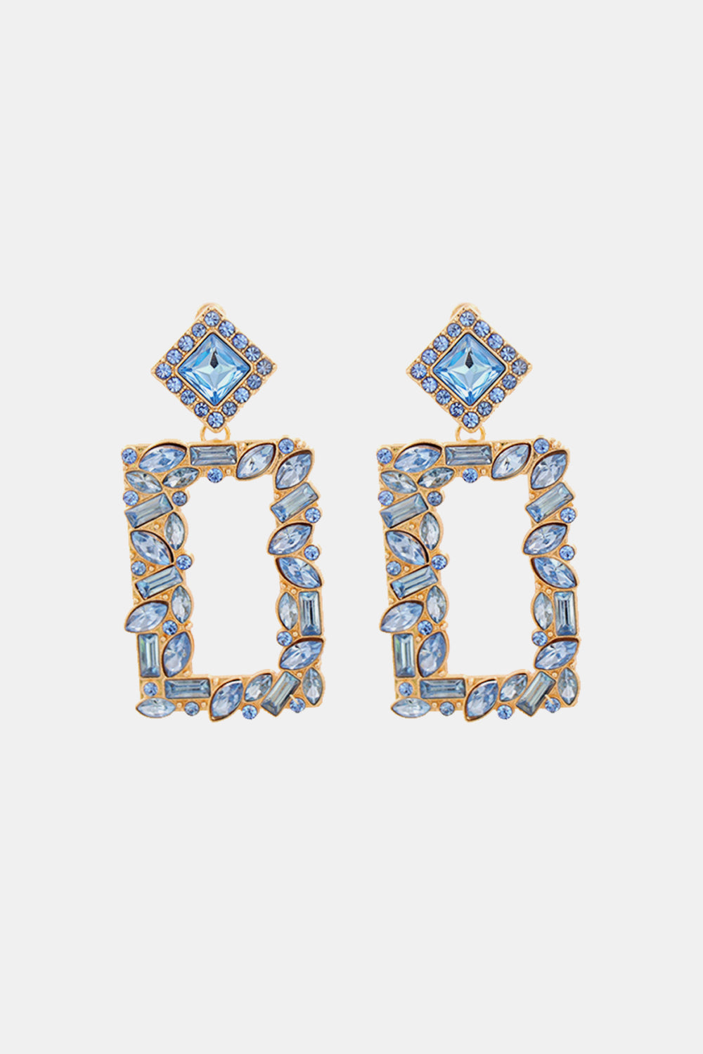 Geometric jewel box earrings with blue stones and gold alloy setting.