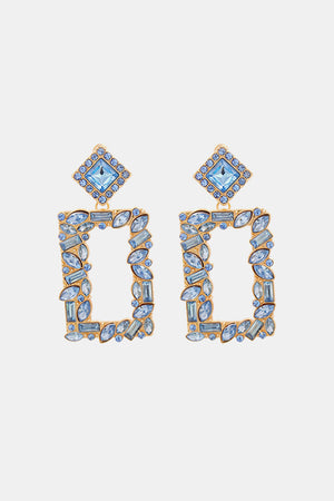Geometric jewel box earrings with blue stones and gold alloy setting.