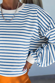 Chevron-Inset Stripe Sweatshirt in Peacock Blue with crew neck and long sleeves.