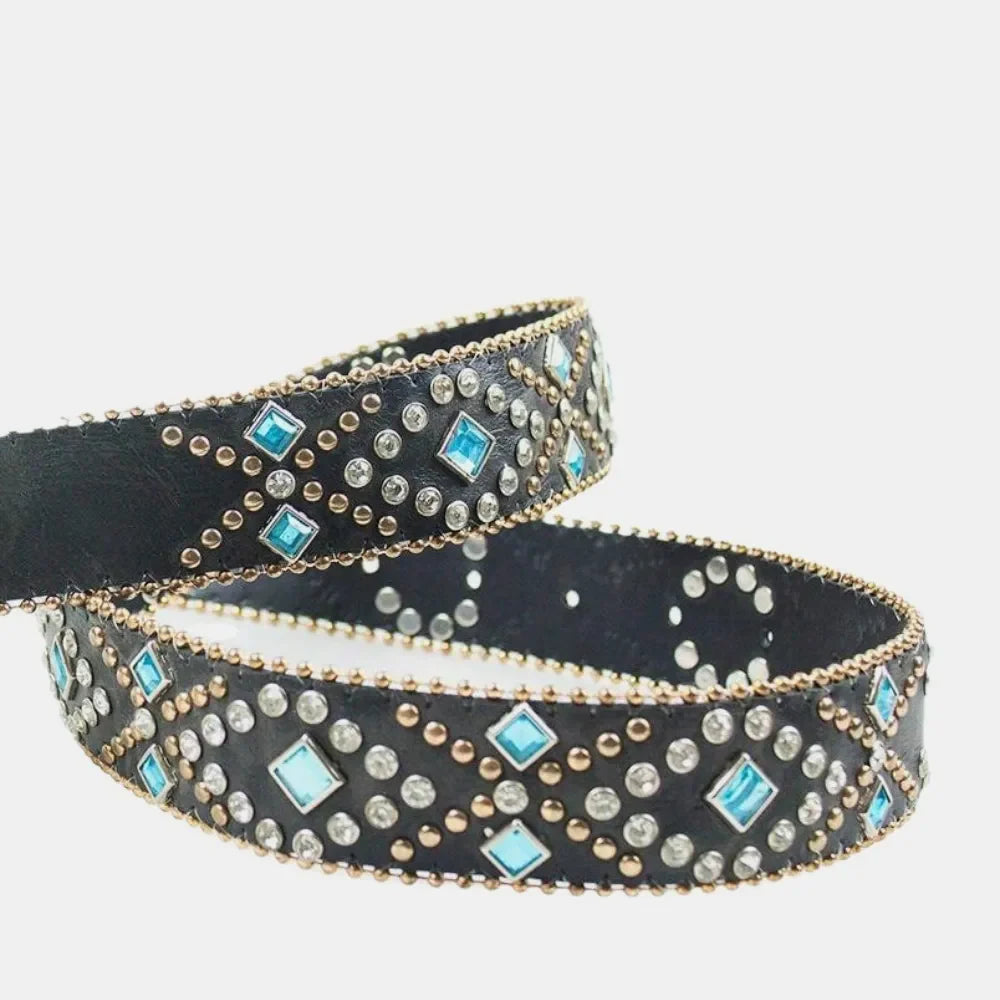 Black embellished western belt with blue rhinestones and gold studs