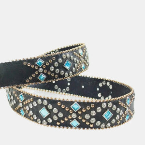 Black embellished western belt with blue rhinestones and gold studs
