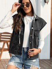 Black denim hooded vest with button front and chest pockets