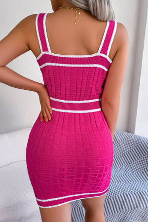 Hot Pink ribbed knit mini dress with white trim and square pattern.