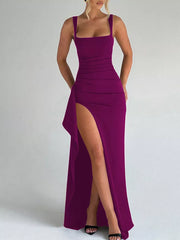Purple ruffled maxi gown with high slit and square neckline.