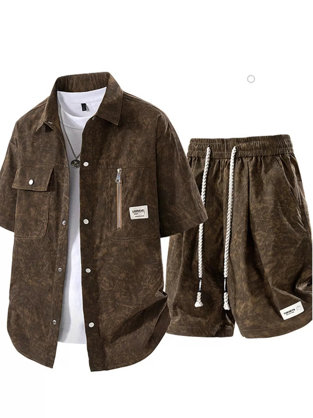 Men's Plus Size Lightweight Textured Shirt And Shorts Set in Beige, model styling view