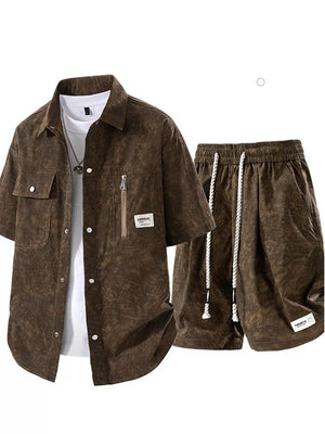 Men's Plus Size Lightweight Textured Shirt And Shorts Set in Beige, model styling view