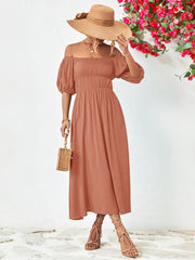 Gathered bodice off-shoulder midi dress in dusty pink with balloon sleeves and A-line skirt.