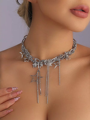 Chunky Chain Star Tassel Necklace Alloy Silver in Silver, close-up detail