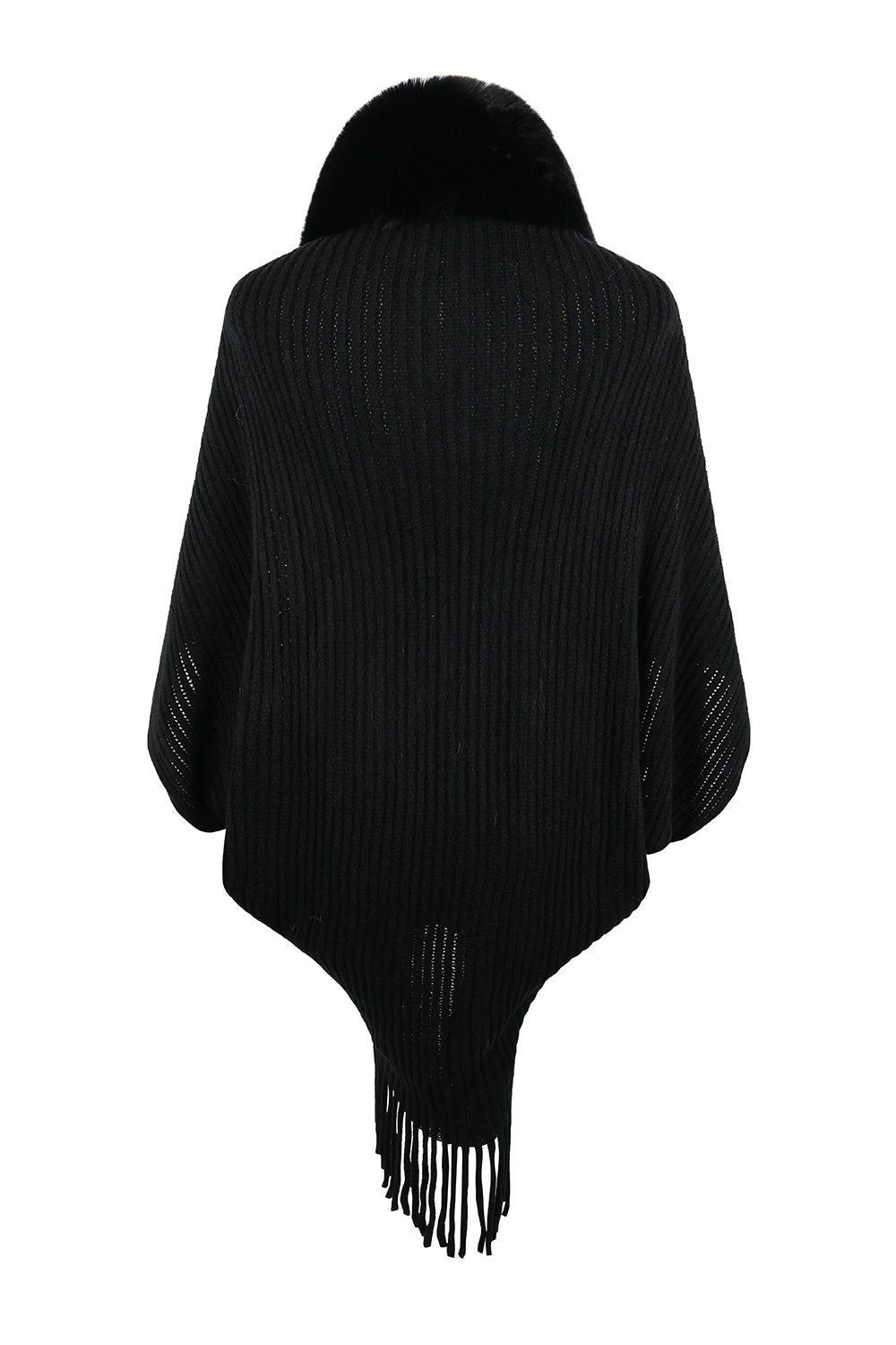 Black knit cape with faux fur collar and fringe hem