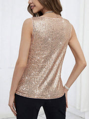 Sequin drape neckline tank top in tan with all-over sparkle, sleeveless.