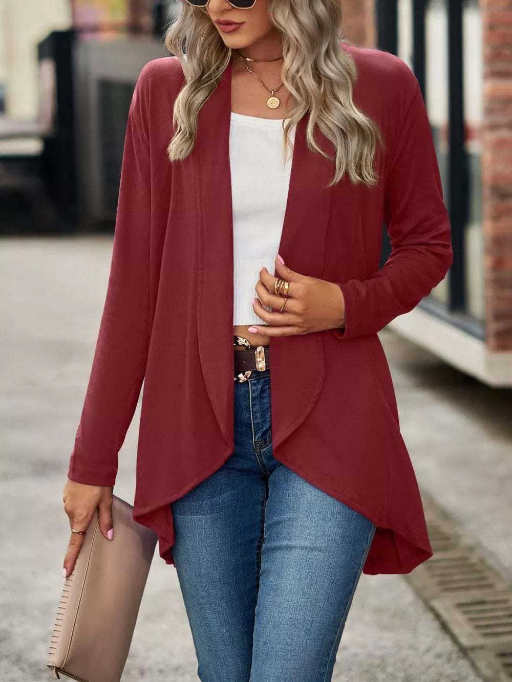 Purple cardigan with hip-length and open-front