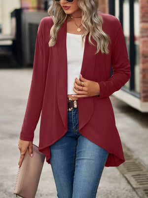 Purple cardigan with hip-length and open-front