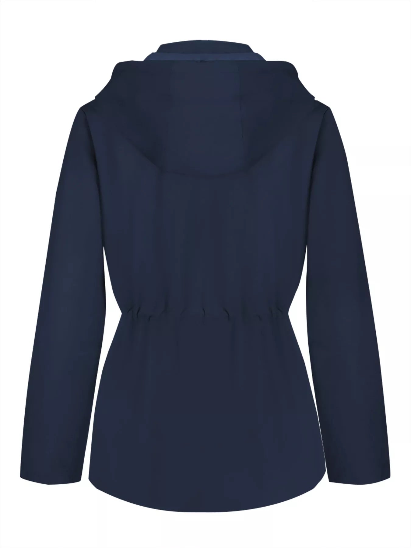 Dark blue waterproof hooded zip-up jacket with drawstring waist