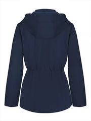 Dark blue waterproof hooded zip-up jacket with drawstring waist