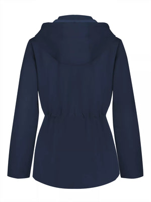 Dark blue waterproof hooded zip-up jacket with drawstring waist