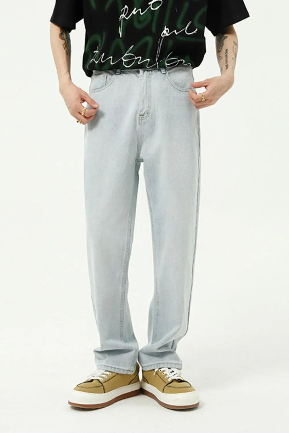 Relaxed fit light wash denim jeans with a casual cut.