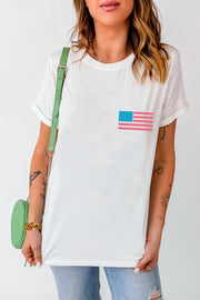 White cotton t-shirt with a small American flag graphic on the left chest.